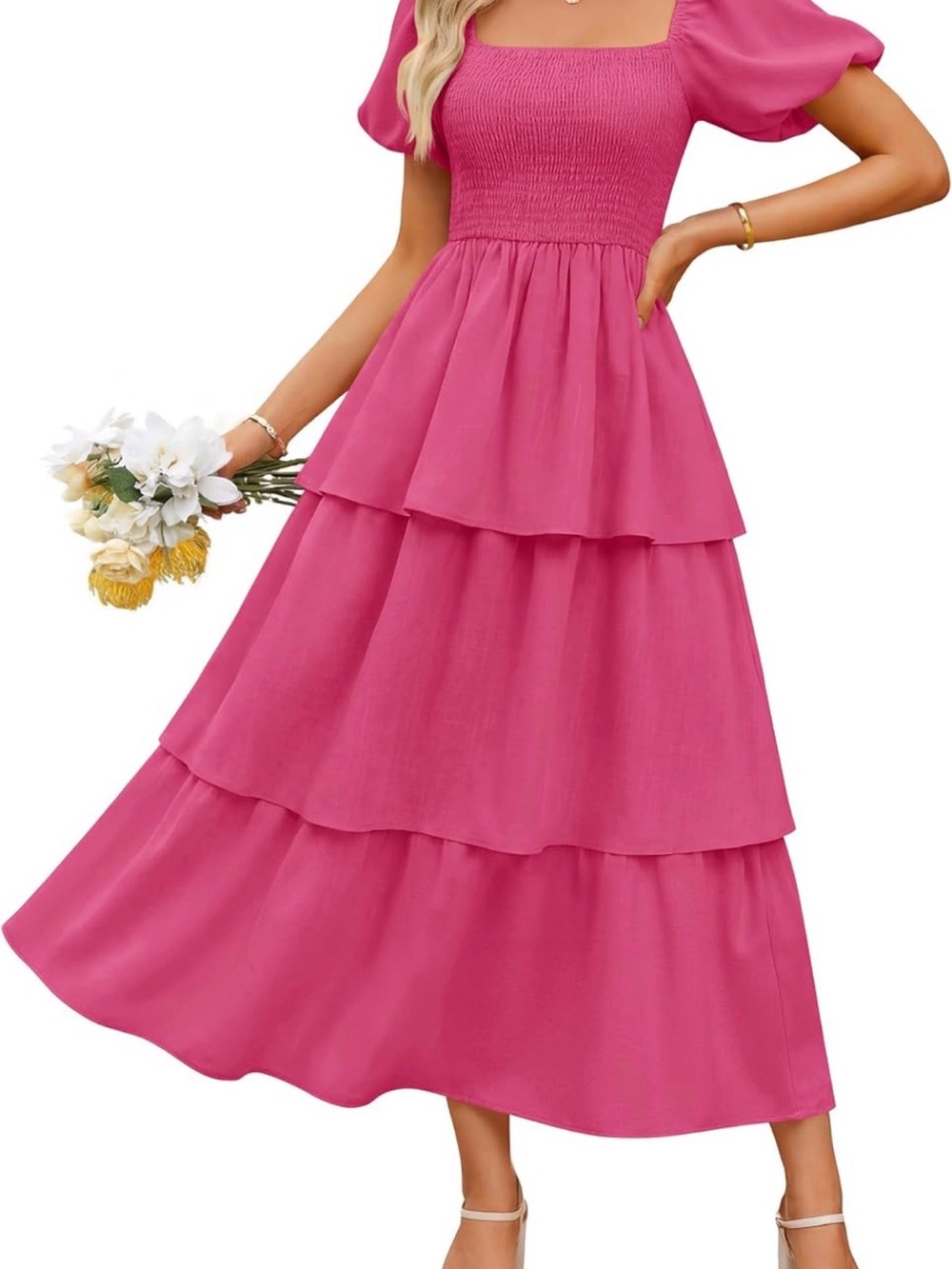 Hot Pink Puff-Sleeve Tiered Midi Dress